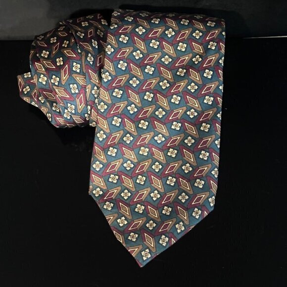 Dior Rare Mid Century Modernist Teal Red Diamond Mod Silk Tie Vintage Retro Gold - Picture 4 of 9